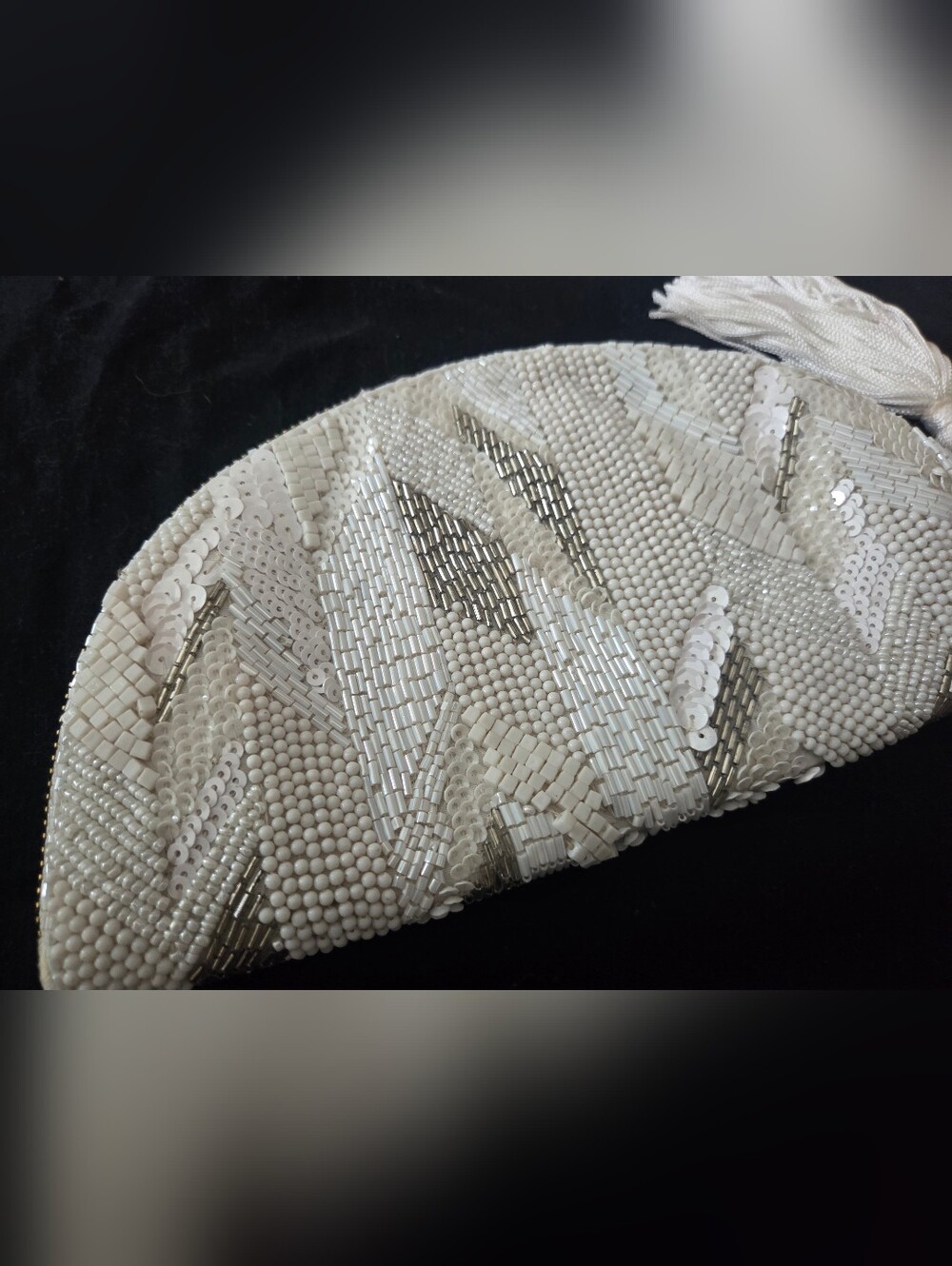 Anthropologie Cream Beaded Crescent Clutch with Gold Trim and Tassel